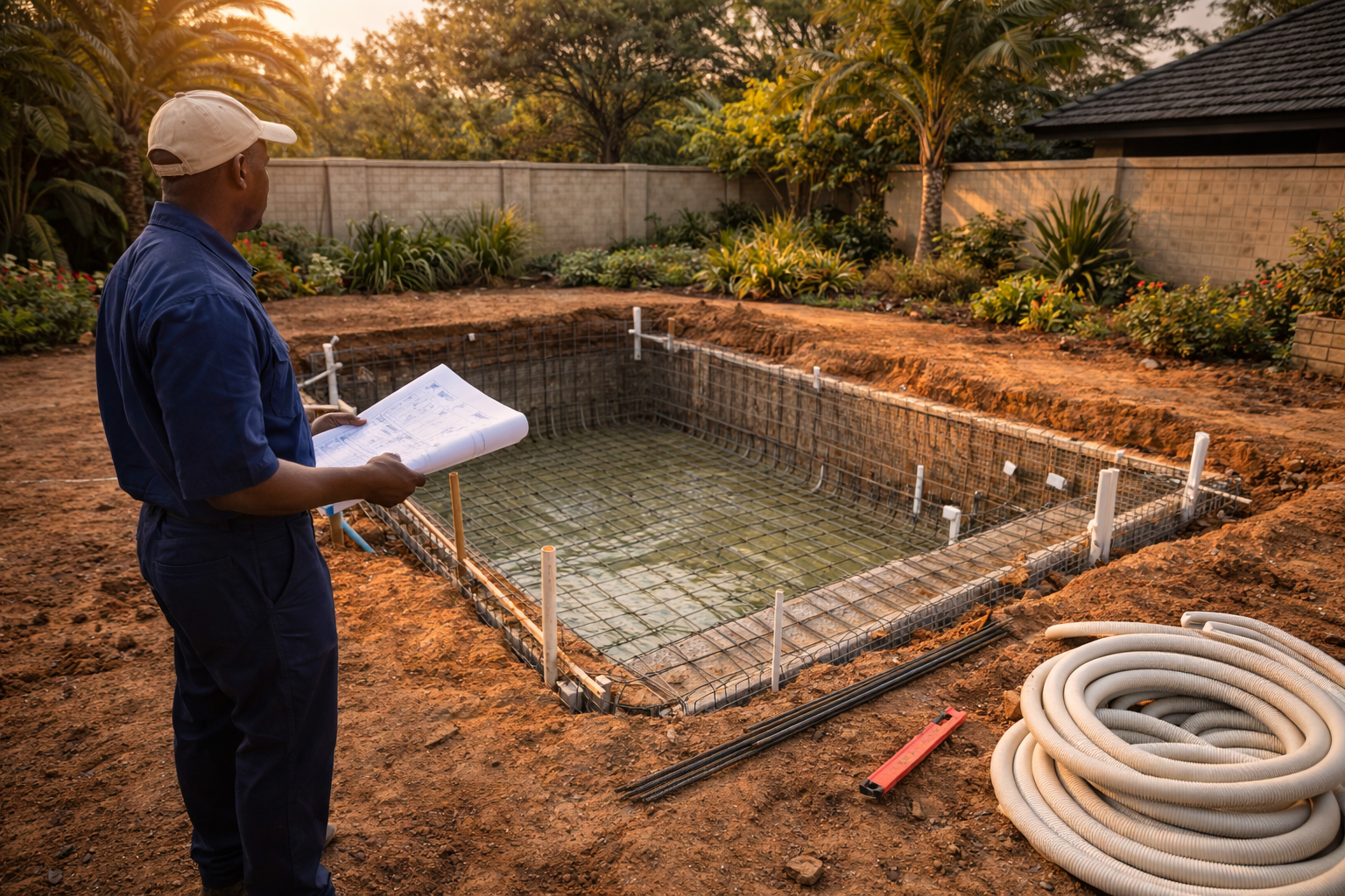 Illustrated pool installation planning layout and site measurements